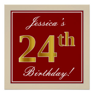 Poster Elégant, Rouge, Faux Gold 24e anniversaire; Nom pe
