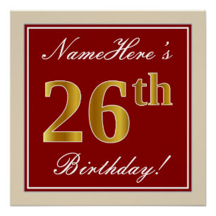 Poster Elégant, Rouge, Faux Gold 26e anniversaire; Nom pe