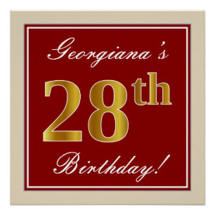 Poster Elégant, Rouge, Faux Gold 28e anniversaire; Nom pe