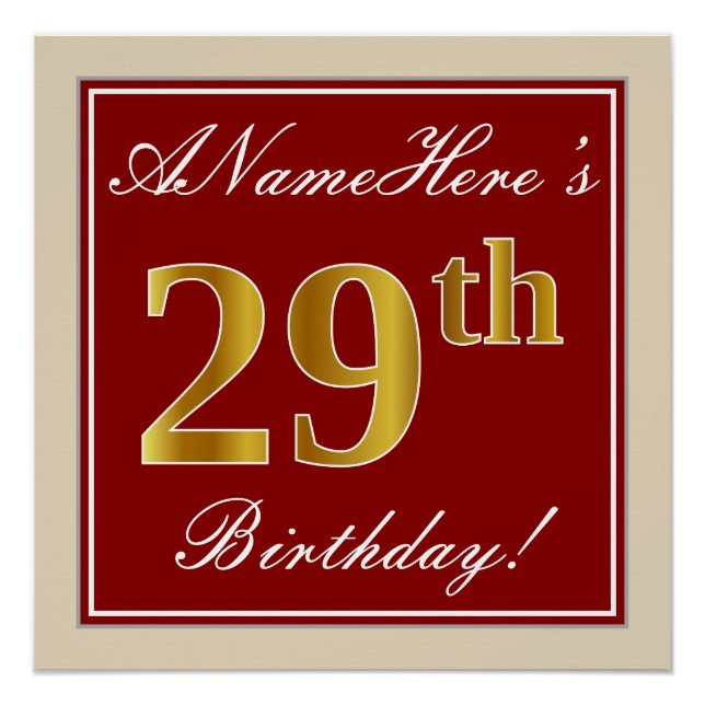 Poster Elégant, Rouge, Faux Gold 29e anniversaire; Nom pe (Devant)