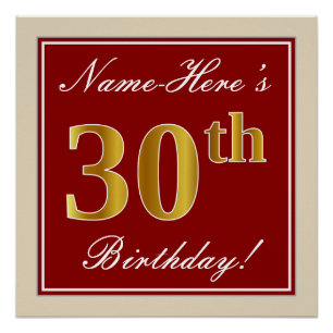 Poster Elégant, Rouge, Faux Gold 30e anniversaire; Nom pe