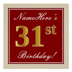 Poster Elégant, Rouge, Faux Gold 31e anniversaire; Nom pe