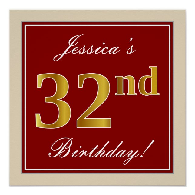 Poster Elégant, Rouge, Faux Gold 32e anniversaire; Nom pe (Devant)