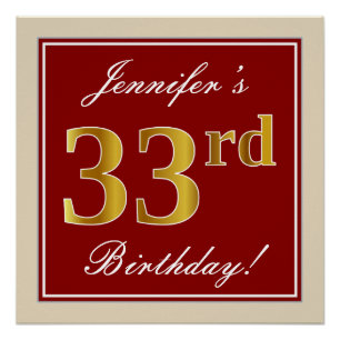 Poster Elégant, Rouge, Faux Gold 33e anniversaire; Nom pe