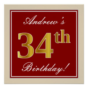Poster Elégant, Rouge, Faux Gold 34e anniversaire; Nom pe