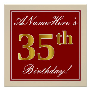 Poster Elégant, Rouge, Faux Gold 35e anniversaire; Nom pe