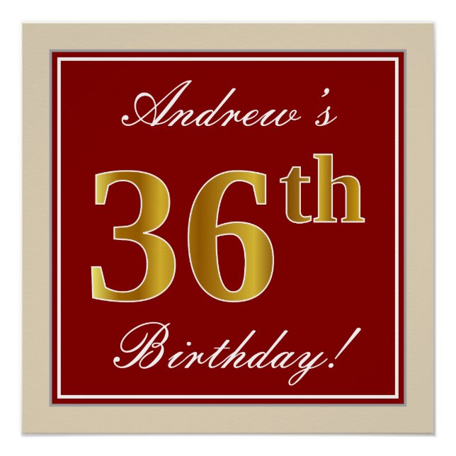 Poster Elégant, Rouge, Faux Gold 36e anniversaire; Nom pe (Devant)
