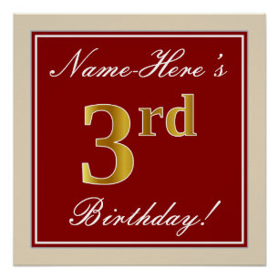 Poster Elégant, Rouge, Faux Gold 3ème anniversaire + Nom