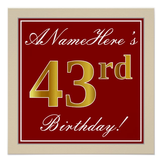 Poster Elégant, Rouge, Faux Gold 43ème anniversaire; Nom  (Devant)