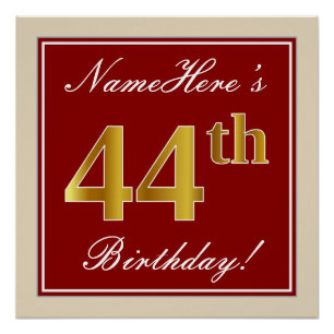 Poster Elégant, Rouge, Faux Gold 44e anniversaire; Nom pe