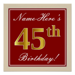 Poster Elégant, Rouge, Faux Gold 45e anniversaire; Nom pe