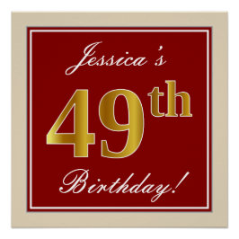 Poster Elégant, Rouge, Faux Gold 49e anniversaire; Nom pe