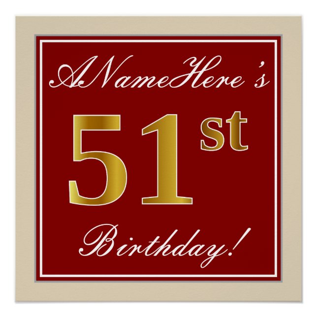 Poster Elégant, Rouge, Faux Gold 51e anniversaire; Nom pe (Devant)