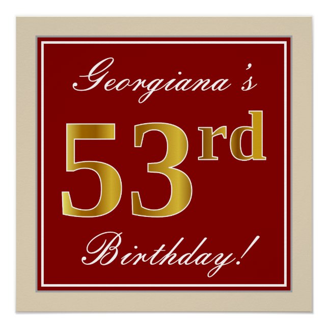 Poster Elégant, Rouge, Faux Gold 53e anniversaire; Nom pe (Devant)