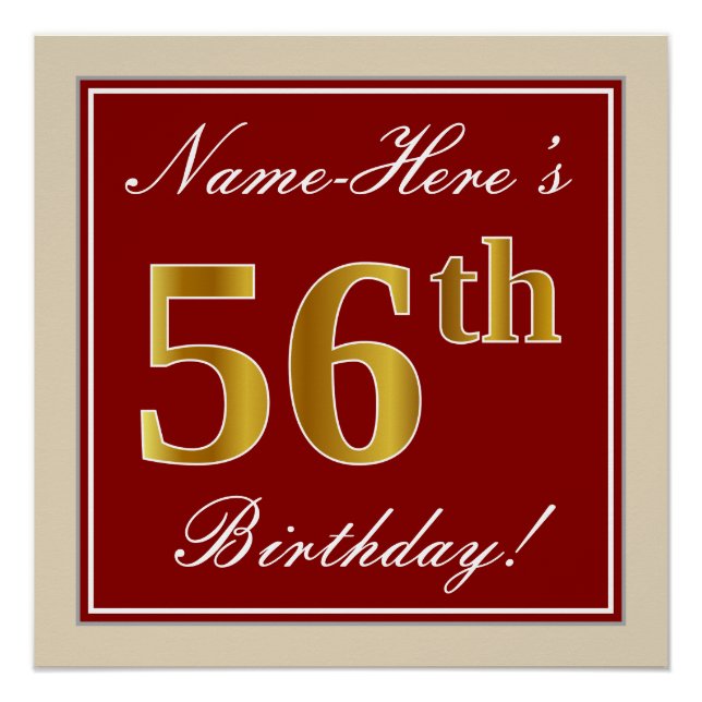 Poster Elégant, Rouge, Faux Gold 56e anniversaire; Nom pe (Devant)