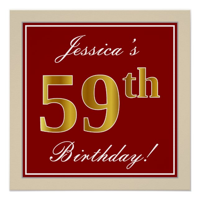 Poster Elégant, Rouge, Faux Gold 59e anniversaire; Nom pe (Devant)