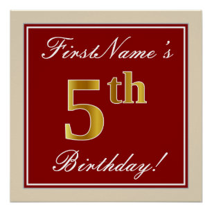 Poster Elégant, Rouge, Faux Gold 5e anniversaire + Nom pe