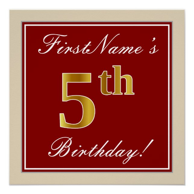 Poster Elégant, Rouge, Faux Gold 5e anniversaire + Nom pe (Devant)