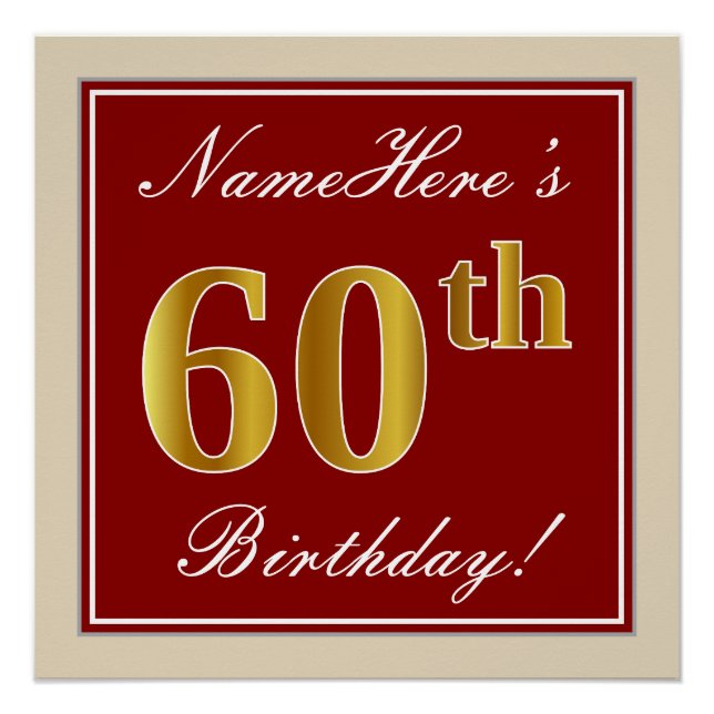 Poster Elégant, Rouge, Faux Gold 60e anniversaire; Nom pe (Devant)
