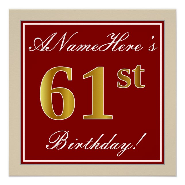 Poster Elégant, Rouge, Faux Gold 61e anniversaire; Nom pe (Devant)