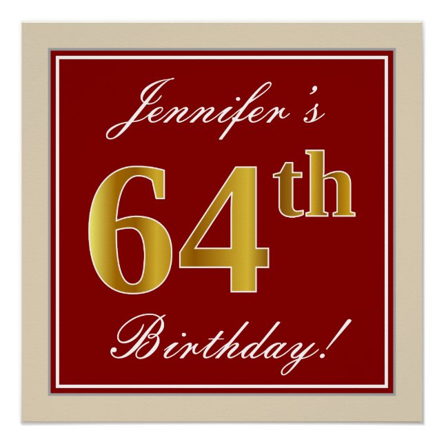 Poster Elégant, Rouge, Faux Gold 64e anniversaire; Nom pe (Devant)