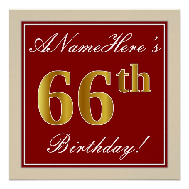 Poster Elégant, Rouge, Faux Gold 66e anniversaire; Nom pe (Devant)