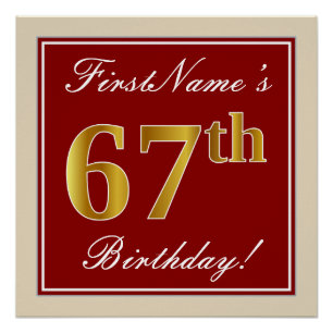 Poster Elégant, Rouge, Faux Gold 67e anniversaire; Nom pe