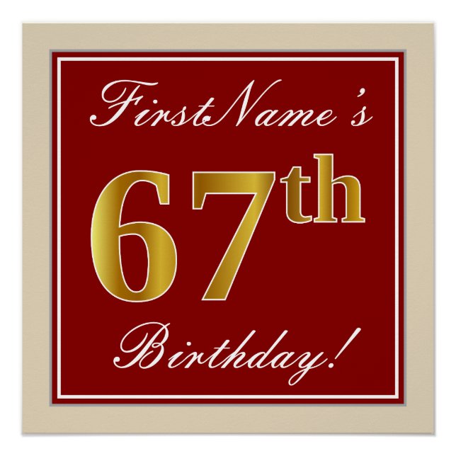 Poster Elégant, Rouge, Faux Gold 67e anniversaire; Nom pe (Devant)