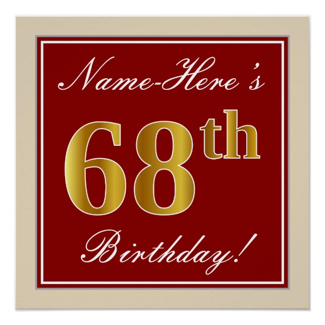 Poster Elégant, Rouge, Faux Gold 68e anniversaire; Nom pe (Devant)
