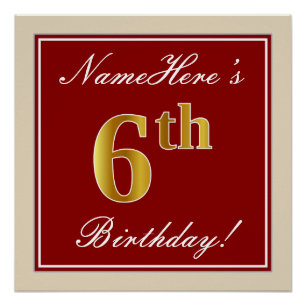 Poster Elégant, Rouge, Faux Gold 6e anniversaire + Nom pe