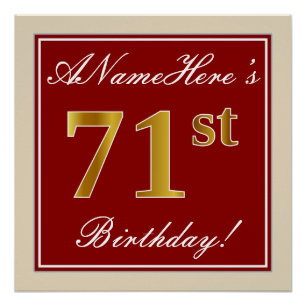 Poster Elégant, Rouge, Faux Gold 71e anniversaire; Nom pe