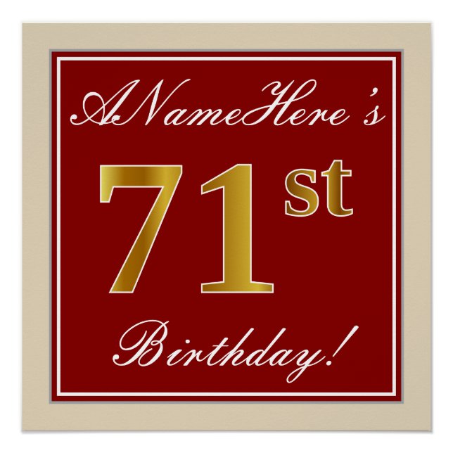 Poster Elégant, Rouge, Faux Gold 71e anniversaire; Nom pe (Devant)
