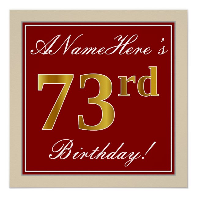 Poster Elégant, Rouge, Faux Gold 73e anniversaire; Nom pe (Devant)