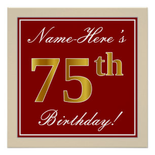 Poster Elégant, Rouge, Faux Gold 75e anniversaire; Nom pe