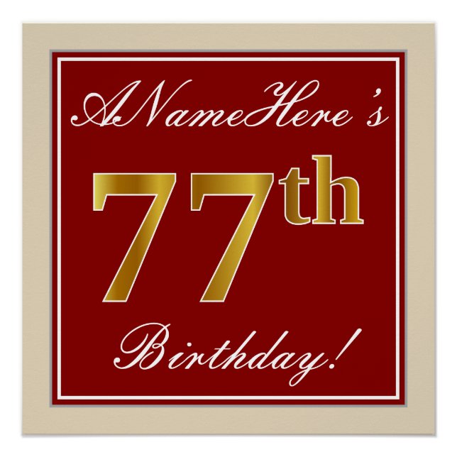 Poster Elégant, Rouge, Faux Gold 77e anniversaire; Nom pe (Devant)