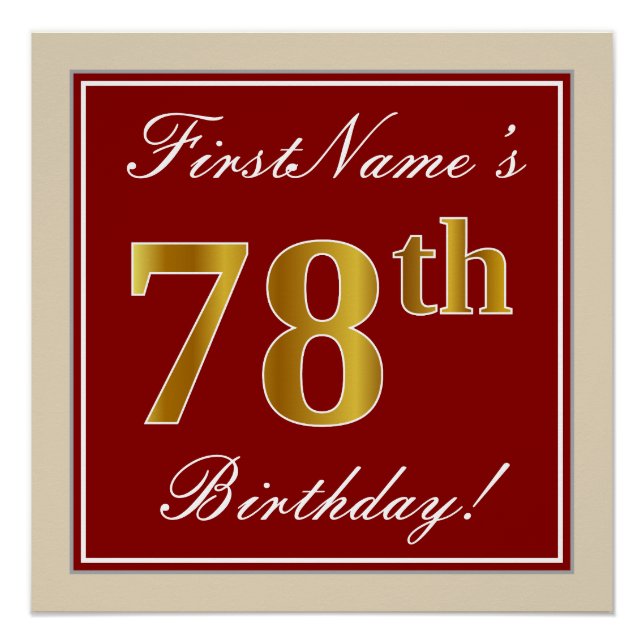 Poster Elégant, Rouge, Faux Gold 78e anniversaire; Nom pe (Devant)