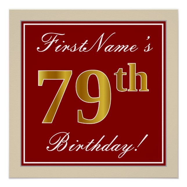 Poster Elégant, Rouge, Faux Gold 79e anniversaire; Nom pe (Devant)