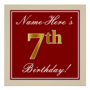 Poster Elégant, Rouge, Faux Gold 7e anniversaire + Nom pe