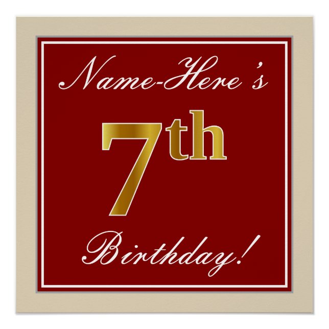 Poster Elégant, Rouge, Faux Gold 7e anniversaire + Nom pe (Devant)