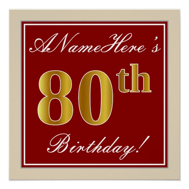 Poster Elégant, Rouge, Faux Gold 80e anniversaire; Nom pe (Devant)