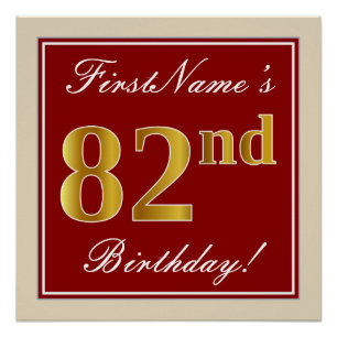 Poster Elégant, Rouge, Faux Gold 82e anniversaire; Nom pe
