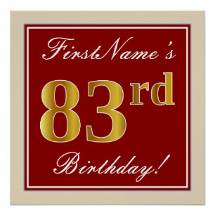 Poster Elégant, Rouge, Faux Gold 83e anniversaire; Nom pe