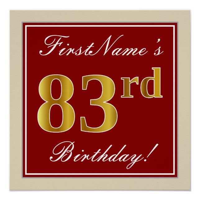 Poster Elégant, Rouge, Faux Gold 83e anniversaire; Nom pe (Devant)