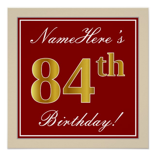 Poster Elégant, Rouge, Faux Gold 84e anniversaire; Nom pe (Devant)