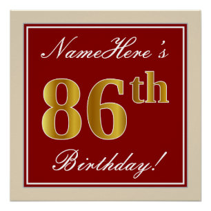 Poster Elégant, Rouge, Faux Gold 86e anniversaire; Nom pe