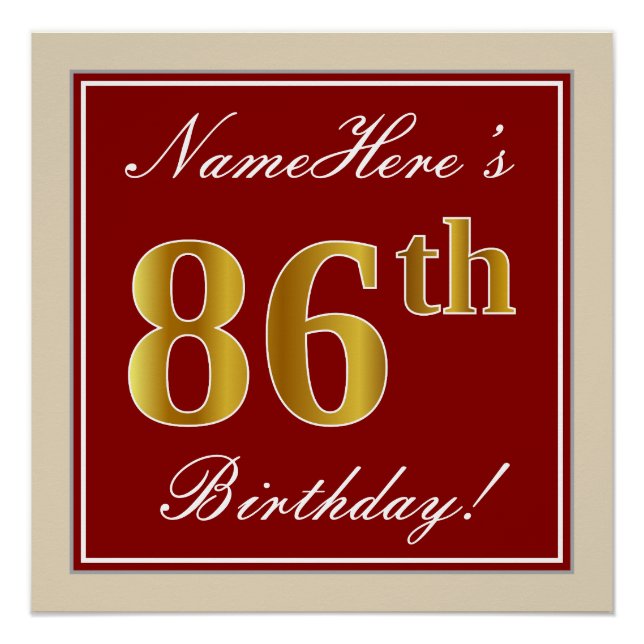 Poster Elégant, Rouge, Faux Gold 86e anniversaire; Nom pe (Devant)