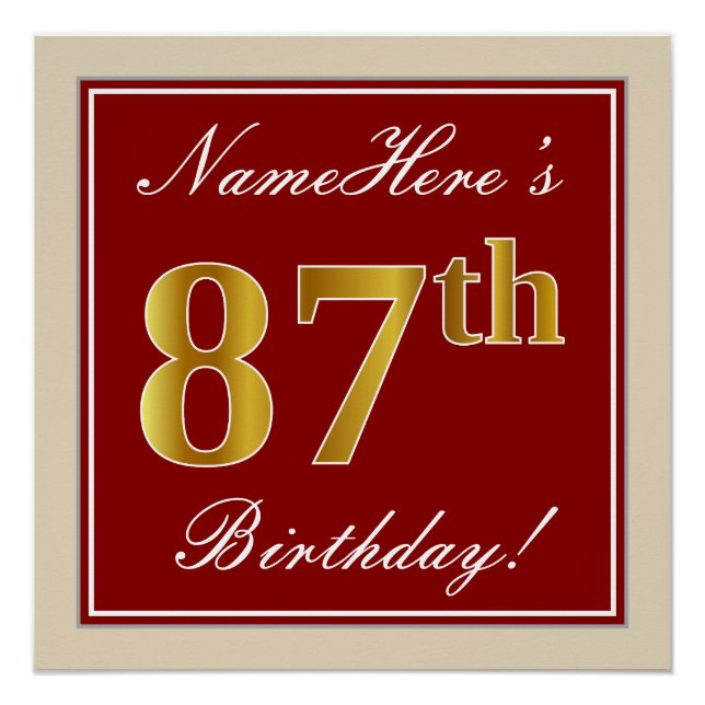Poster Elégant, Rouge, Faux Gold 87e anniversaire; Nom pe (Devant)