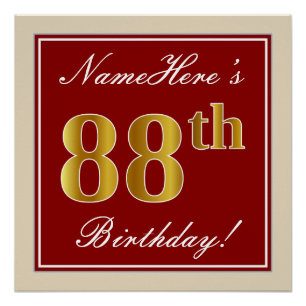 Poster Elégant, Rouge, Faux Gold 88e anniversaire; Nom pe