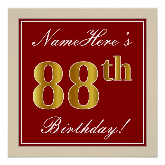 Poster Elégant, Rouge, Faux Gold 88e anniversaire; Nom pe (Devant)