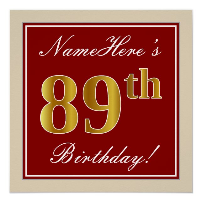Poster Elégant, Rouge, Faux Gold 89e anniversaire; Nom pe (Devant)